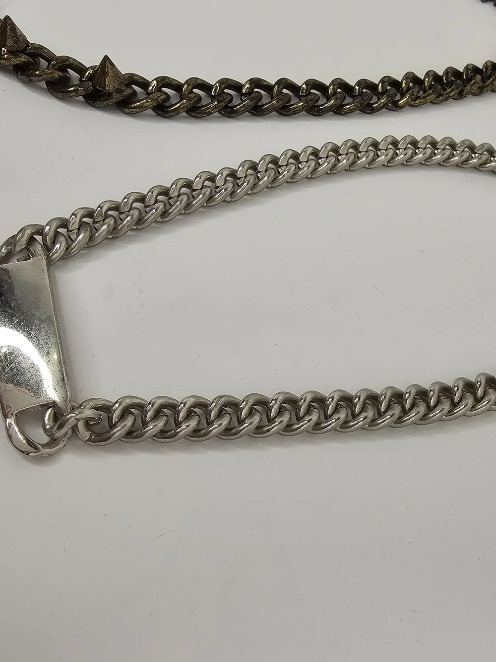 Set of 2 Chunky Curb Chain Necklaces Silver ID Bar & Bronze Punk Spike